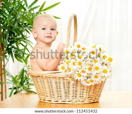 funny baby in a wicker basket with daisy flowers