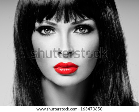 Black Hair. Fashion Girl Portrait. long  Hair and red lipstick.