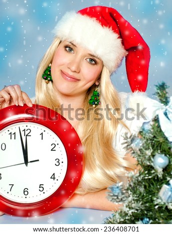 Christmas Woman. New Year and Christmas Tree Santa claus hat. clock. Winter season.