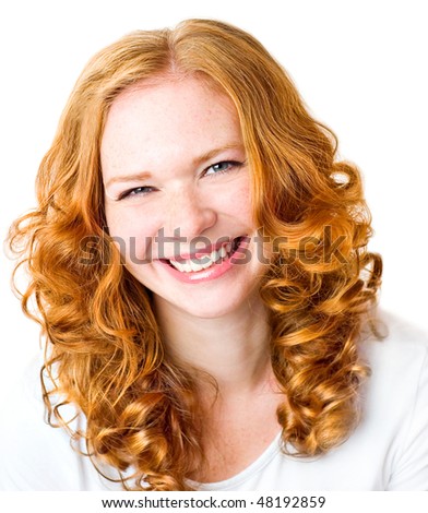 stock photo : Portrait close-up girl with red hair and freckles, isolated on