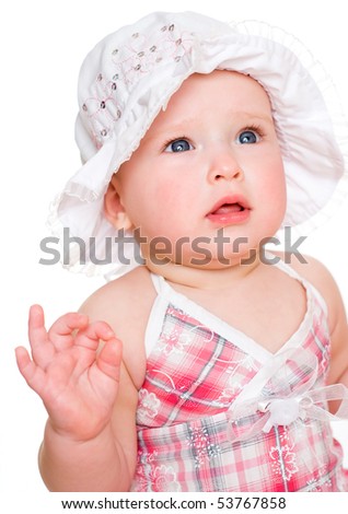 Baby Girl Wear on The Baby Girl In A Pink Dress And A Hat  Isolated On The White Stock