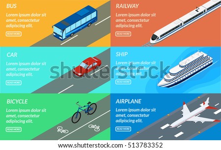 Vector illustration. Set of web banners of public passenger transport. Bus, car, bicycle, ship, train, plane. Design for tourism, rent, sale of tickets.