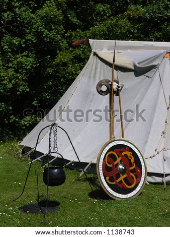 Viking camp with tent and utensils, at viking fair in Jutland, Denmark.