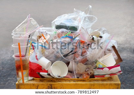 Garbage, Dump, Plastic waste, Pile of Garbage Plastic Waste Bottle and Bag Foam tray many on bin yellow, Plastic Waste Pollution