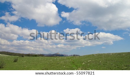 A beautiful landscape with green grass and clouds.