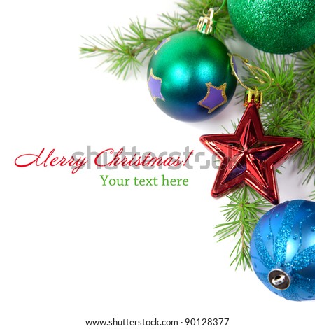 Christmas decorations and fir branch isolated on white background