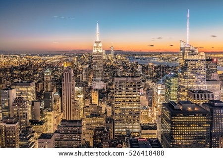 New York City skyline with urban skyscrapers at night