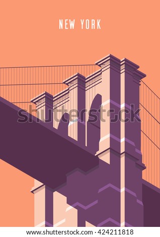 Vector illustration. Poster.Brooklyn Bridge, tourist attraction in the isometric perspective in New York. Cartoon style.