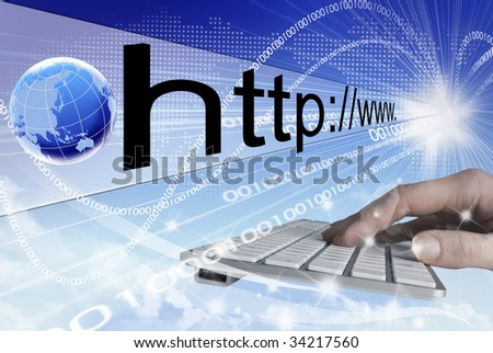 Typing address bar on keyboard. Abstract background. E-commerce
