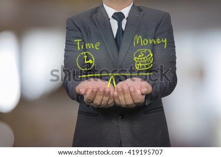 Businessman holding diagram with Scales in equal balance holding a clock left on the and money on the right.