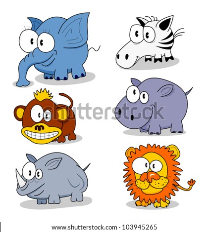 The collection of cartoon animals: elephant, monkey, rhinoceros, zebra,  hippopotamus, lion. - Stock Image - Everypixel
