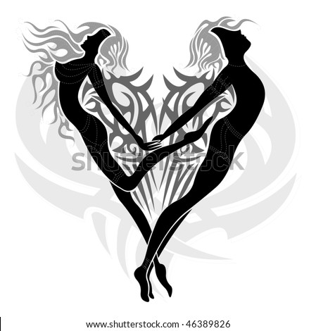 stock vector : Tattoo design with couple of angels in tribal heart