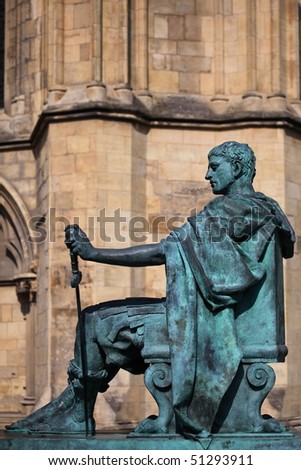 A bronze statue of the Roman emperor Constantine outside York Minster in England
