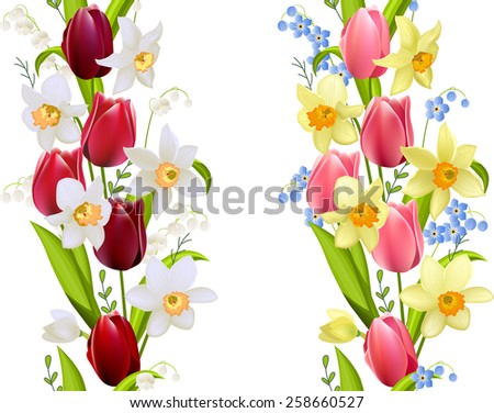 Two seamless borders with spring flowers - tulips and daffodils