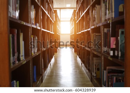 Blur image of picture library background. Library resources, including vast knowledge and sun light.