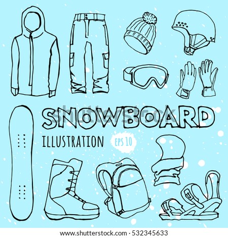 Set of snowboarding elements line icons. Winter sport equipment and gear vector. active lifestyle collection. Snowboard travel set.