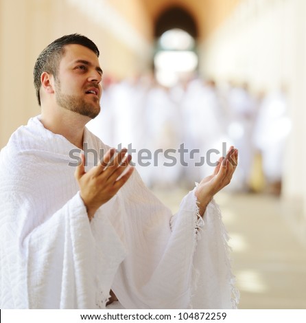 Muslim wearing ihram clothes and ready for Hajj at Miqat Muslim wearing ihram clothes and ready for Hajj at Miqat
