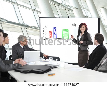Group of business people in office at presentation with flip chart