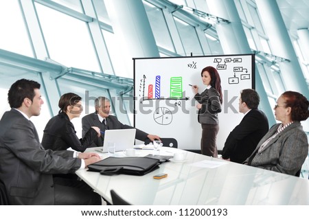 Business people having on presentation at office. Businesswoman presenting on whiteboard.