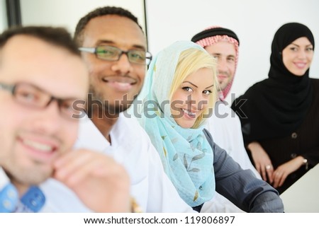 Arabic people having a business meeting, row with selective focus