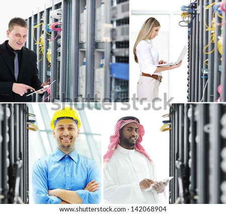 Confident engineers working in server room global communications data center