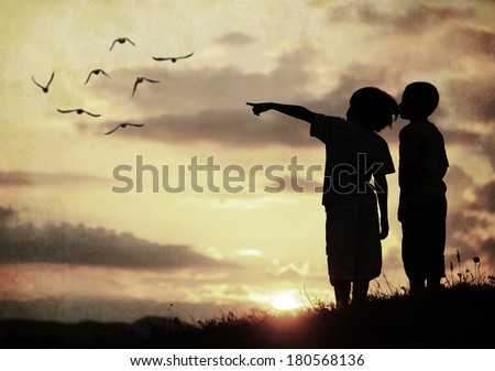 Kids silhouette looking at birds on the sky in air