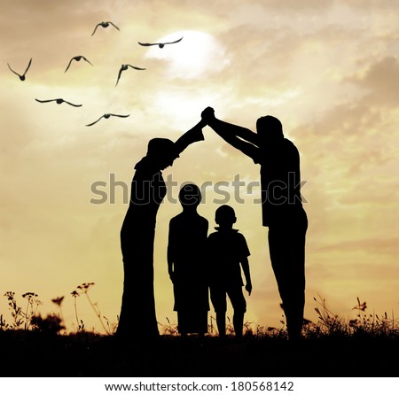 Family parents and children, secure and protecting home concept
