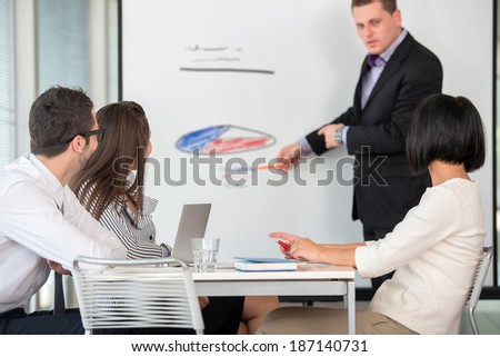 Manager delivering a presentation to business people in company environment