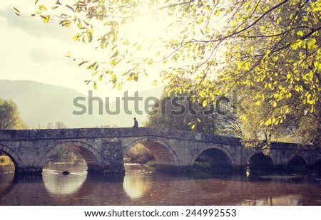 Old bridge on the river with ancient arch