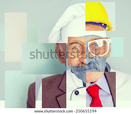 Conceptual collage image of one man with different professions