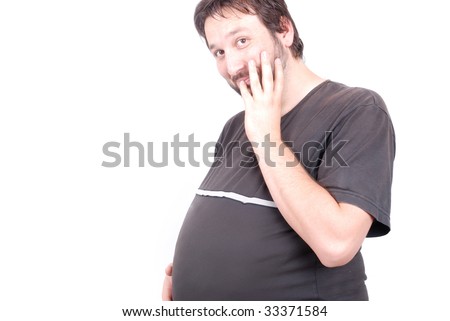stock photo Fat man with a very big stomach as he is pregnant