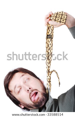 Man is trying to hang up himself with a tie - stock-photo-man-is-trying-to-hang-up-himself-with-a-tie-33588514