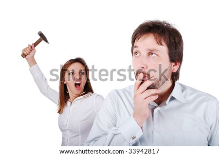 je me suis q'une bébé pour toi Stock-photo-young-attractive-female-about-to-hit-male-from-the-back-with-hammer-33942817
