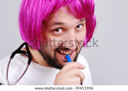 Funny face man, pink hair