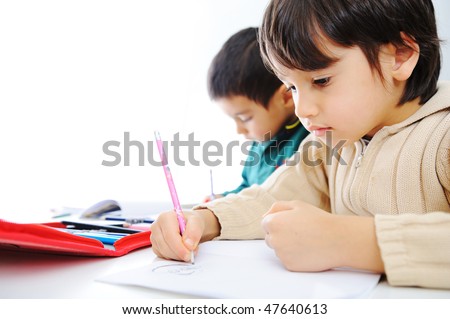Learning process, cute children writing