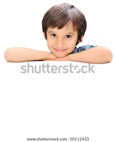 Advertising place for you, empty card, cute kid holding it