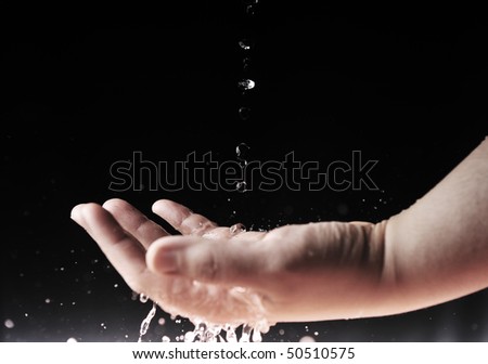 water on hand, drops, splash
