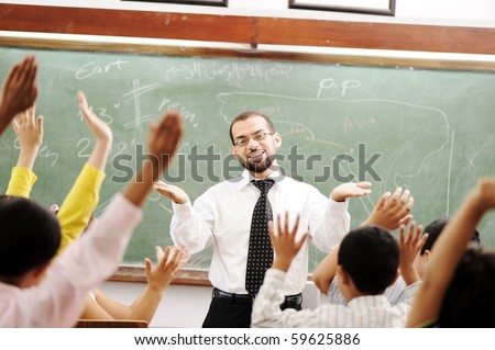 Interaction between teacher and children, funny class in school