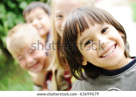 Happiness without limit, happy children together outdoor, faces, smiling and careless