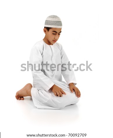 Islamic pray explanation full series. Arabic child showing complete Muslim movements while praying, salat.