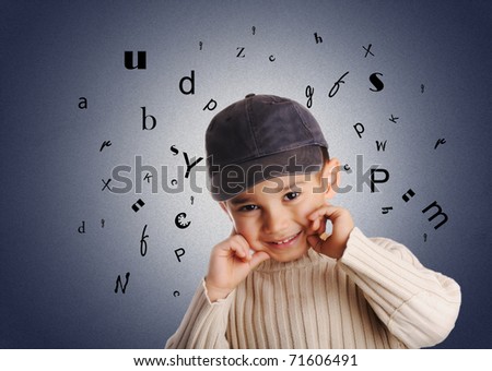 boy with denim cap, letters of alphabet on background