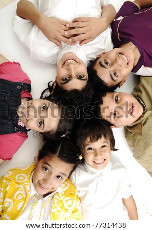Vertical  photo of children group,  friends smiling isolated on white, boys and girls closeup