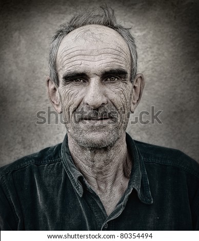 Artistic old photo of elderly bald man, grunge vintage background