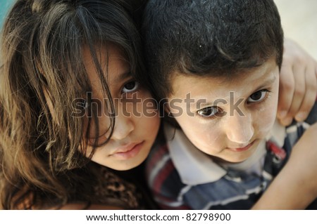 Little dirty brother and sister, poverty , bad condition
