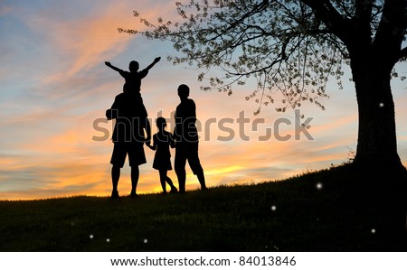 Happy family, father, mother, son and daughter in nature, sunset