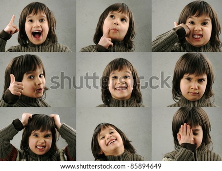 One kid - many faces, series of clever schoolboy 6-7 years old with facial expressions