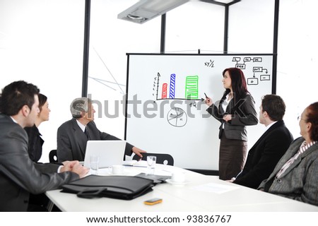 Business people sitting on presentation at office. Businesswoman presenting on whiteboard.