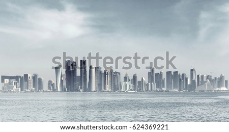 Futuristic skyline of Doha,Qatar..Doha is a city on the coast of the Persian Gulf, the capital and largest city of the Arab state of Qatar