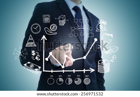 Hand draw business sketches doodle infographic elements,chart graph,concept businessman hand touch analytics earnings