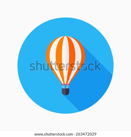 hot air balloon flat icon with long shadow on blue circle background , vector illustration , eps10